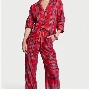 NWT Victoria's Secret, Flannel Long PJ Set in Lipstick Bold Lurex Plaid, large